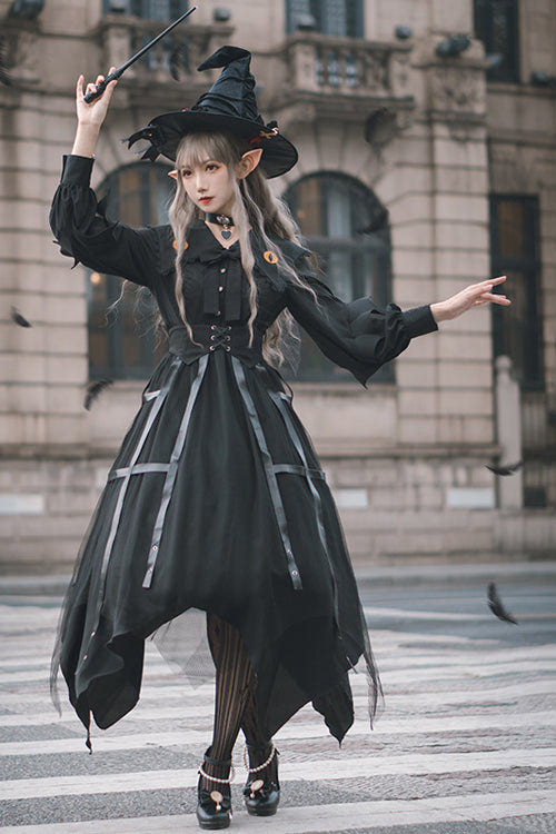 Black Lapel Collar Cat Eye Irregular Hem Gothic Lolita OP Dress - Product - 2