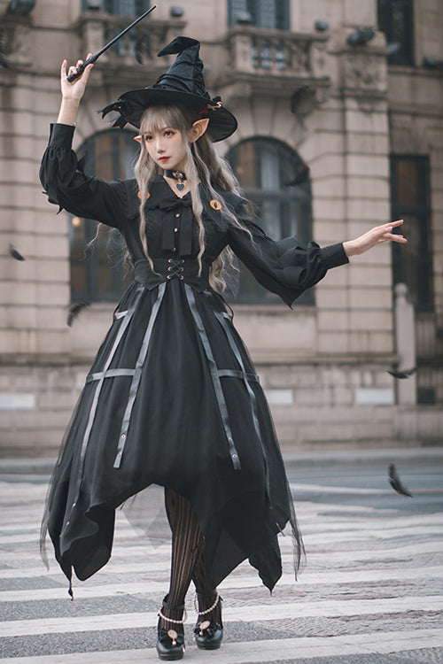 Black Lapel Collar Cat Eye Irregular Hem Gothic Lolita OP Dress - Product - 2