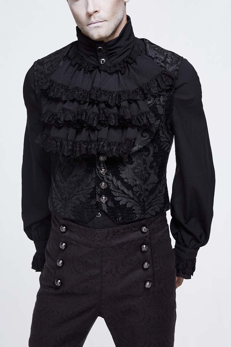 Black Metal Mushroom Button Waist Loop Jacquard Short Men's Gothic Waistcoat - Black - 1