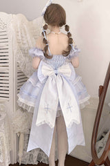 Blue Multi-layer Ruffle Hanayome Bowknot Lace Halter Neck Sweet Princess Lolita Dress - Product - 4