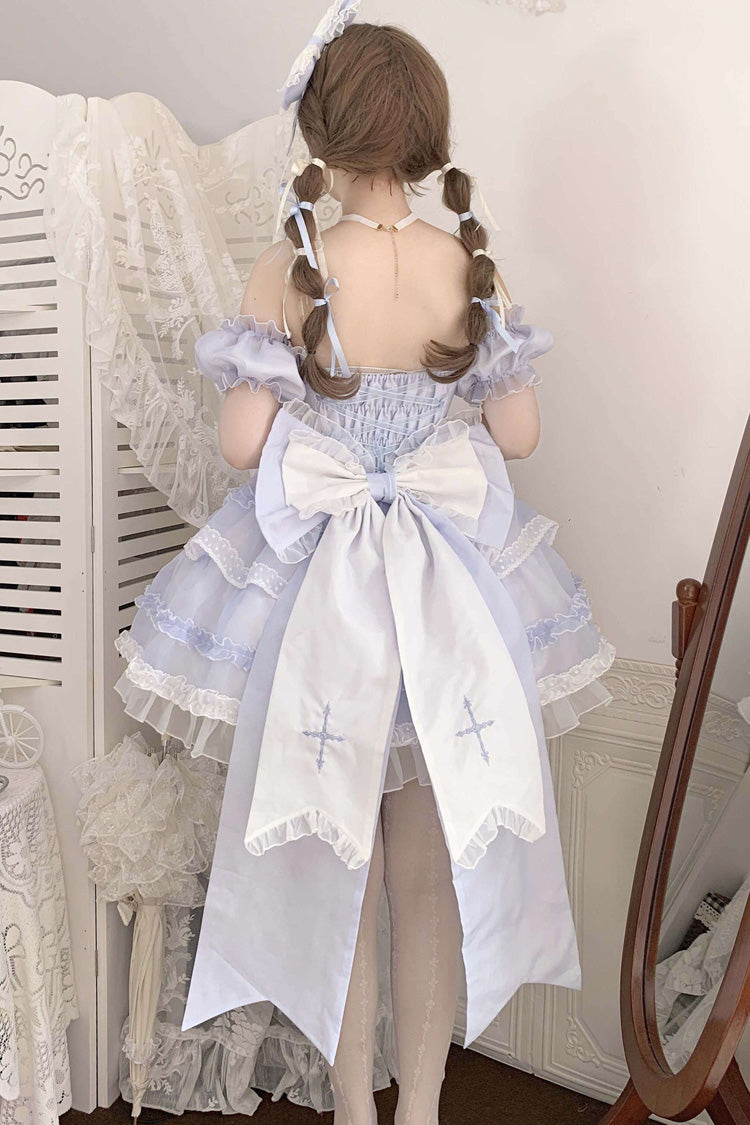 Blue Multi-layer Ruffle Hanayome Bowknot Lace Halter Neck Sweet Princess Lolita Dress - Product - 4