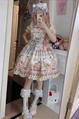 Multi-Color Sleeveless [Cat Dessert] Print Ruffle Bowknot Lace Sweet Japanese Lolita Strap Dress - Product - 6
