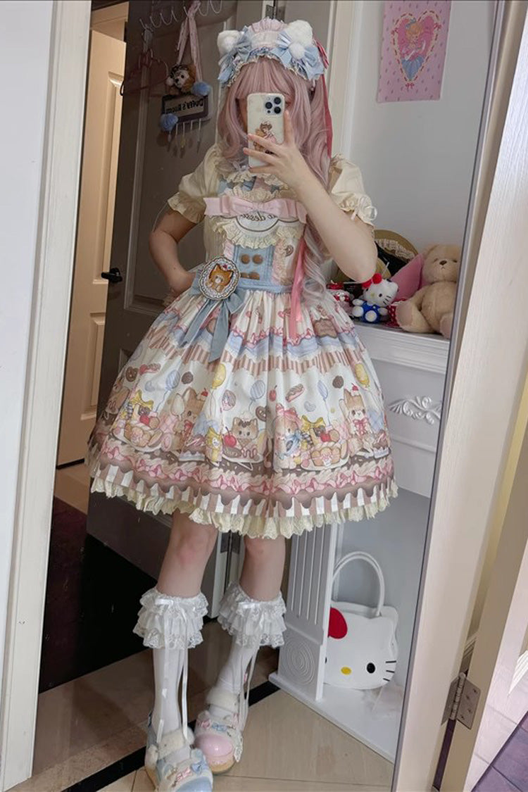 Multi-Color Sleeveless [Cat Dessert] Print Ruffle Bowknot Lace Sweet Japanese Lolita Strap Dress - Product - 6