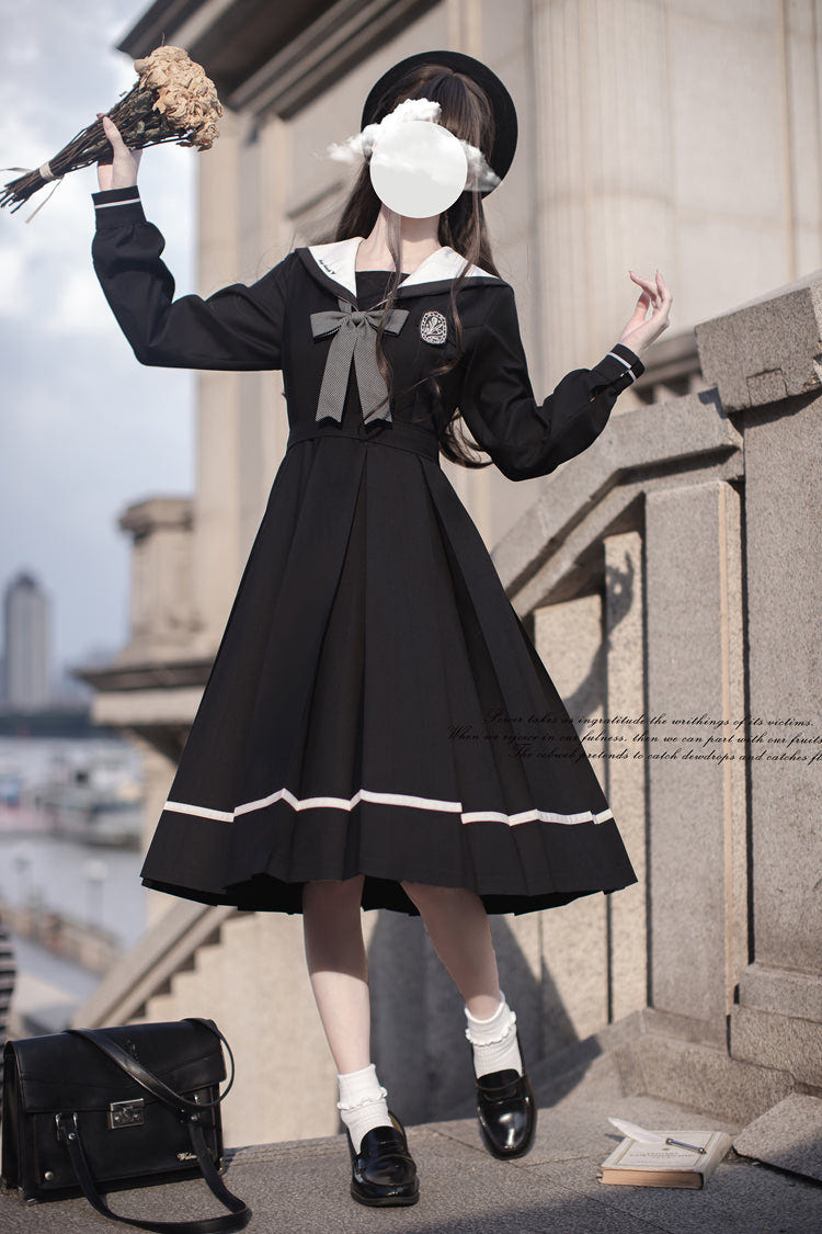 Black Navy Collar Long Sleeves Bowknot Sweet Japanese College Style Elegant Lolita Dress - Product - 4