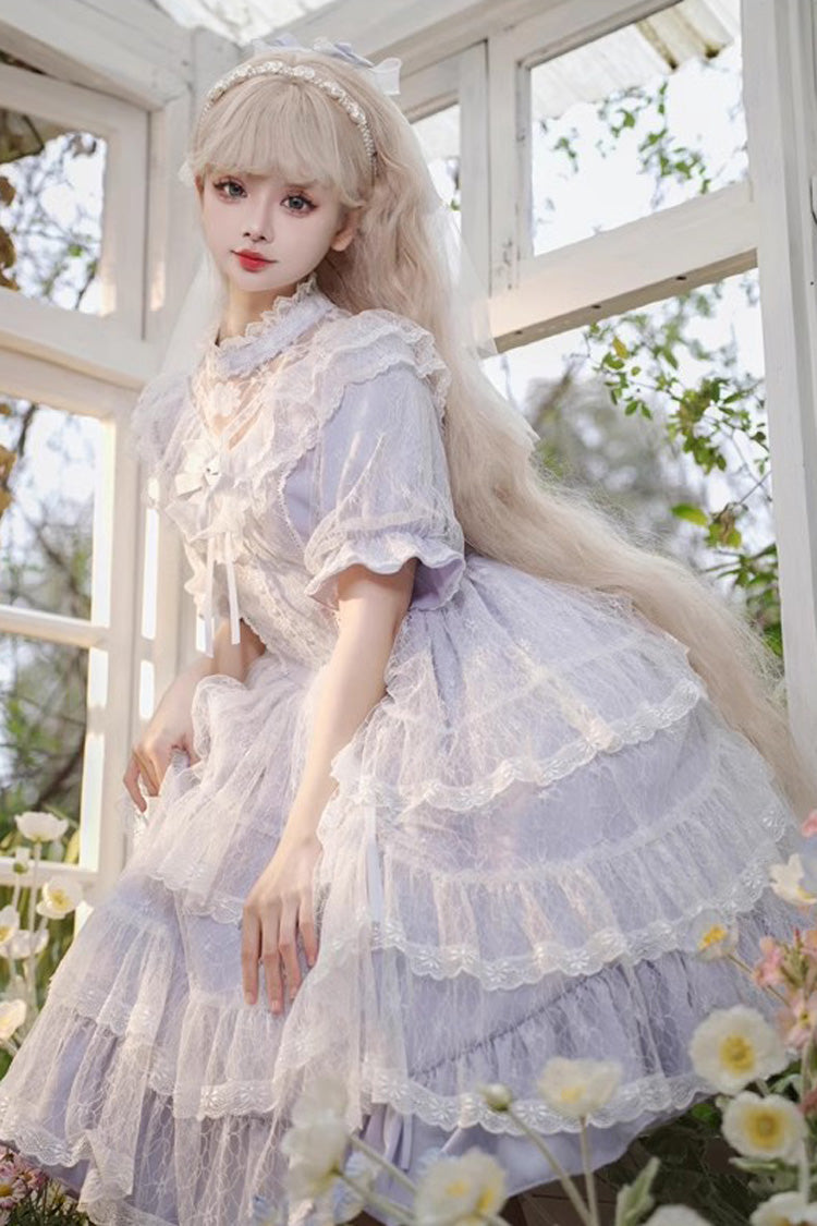 Purple Iris Love Multi-layer Jacquard Bowknot Sweet Elegant Princess Lolita OP Dress - Product - 9