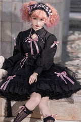 [Love Song] Long Sleeves Multi-Layered Jacquard Ruffle Bowknot Sweet Gothic Lolita Dress 3 Colors - Product - 3