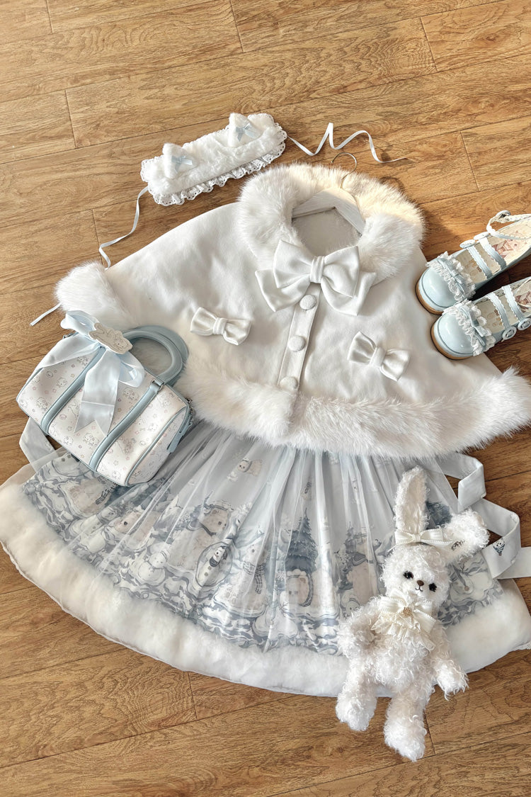 Blue [Snowman Bear] Square Collar Sleeveless Printed Ruffled Bow Sweet Lolita Jsk Dress - Product - 6