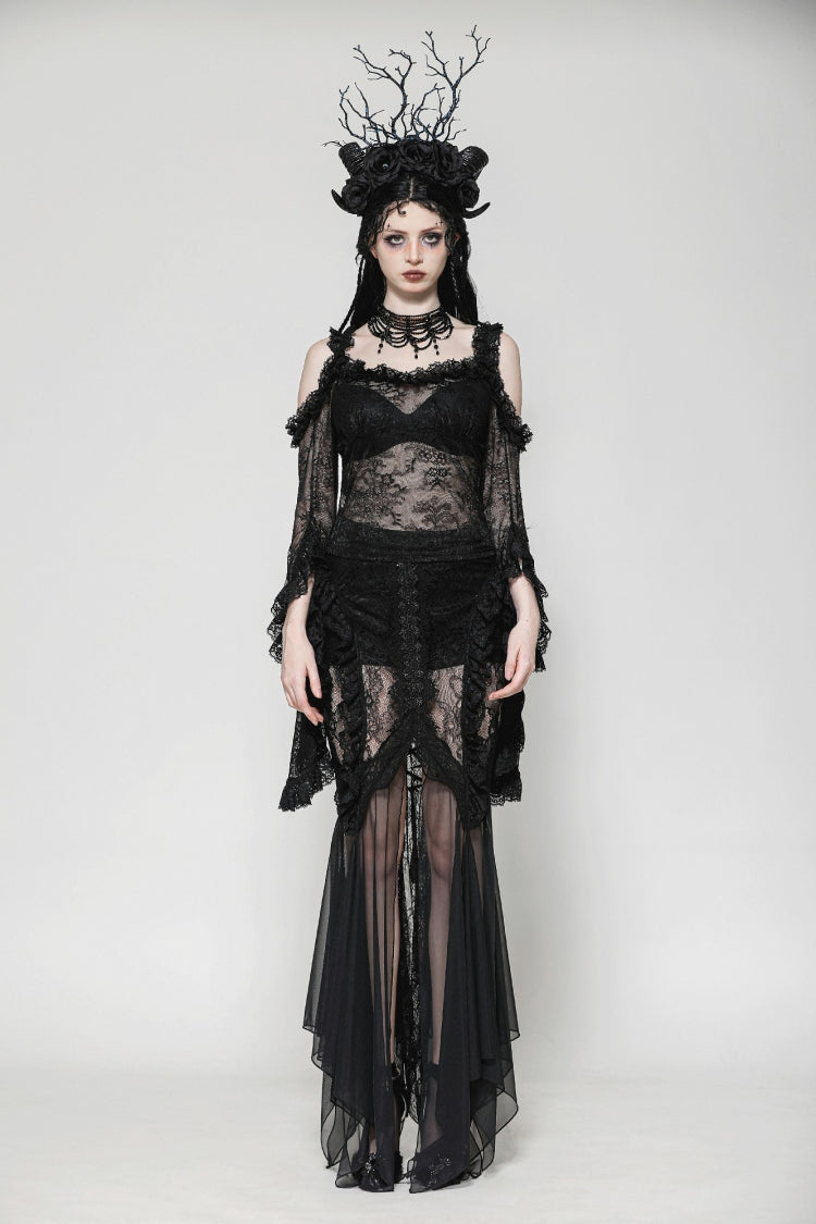 Black Lace-Up Mesh Spliced Lace Women's Gothic Fishtailed Skirt - Product - 8