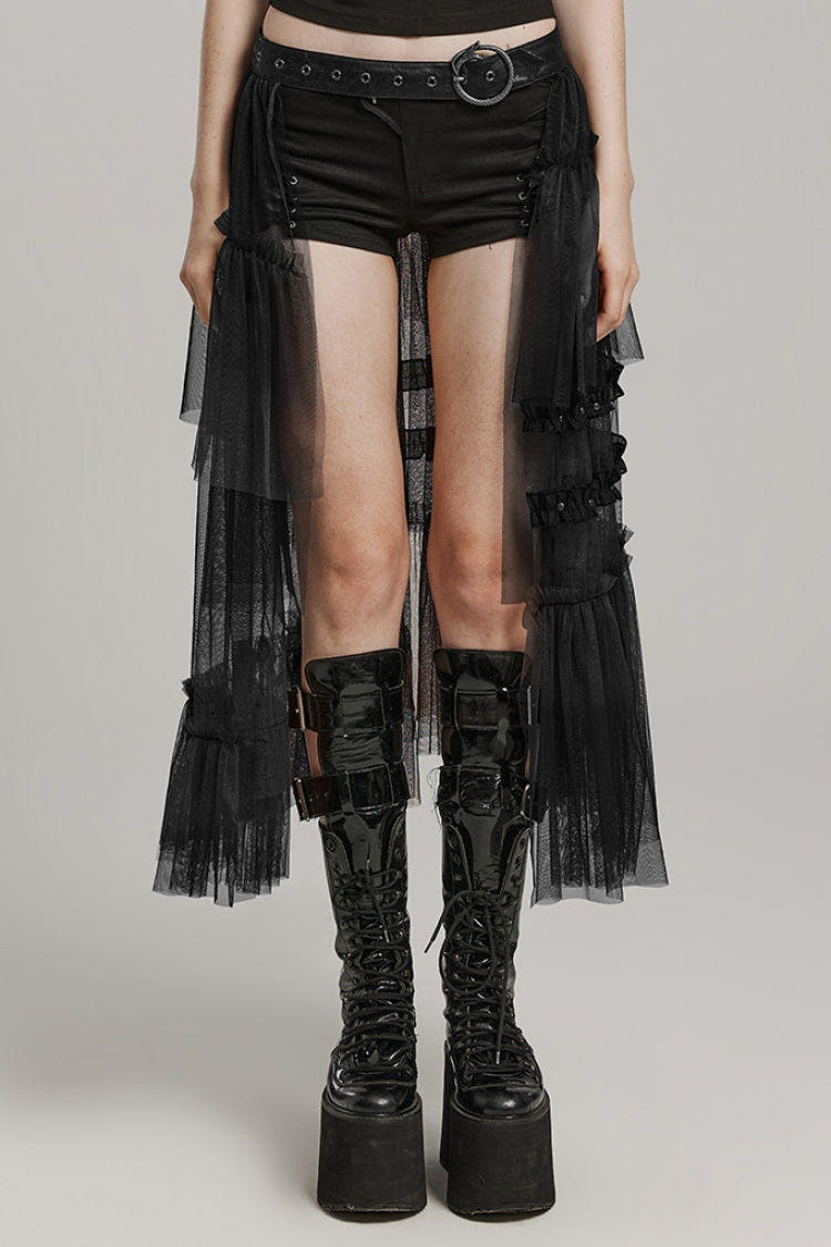 Ruffle Mesh Buckle Women's Steampunk Long Overskirt 3 Colors - Black - 1