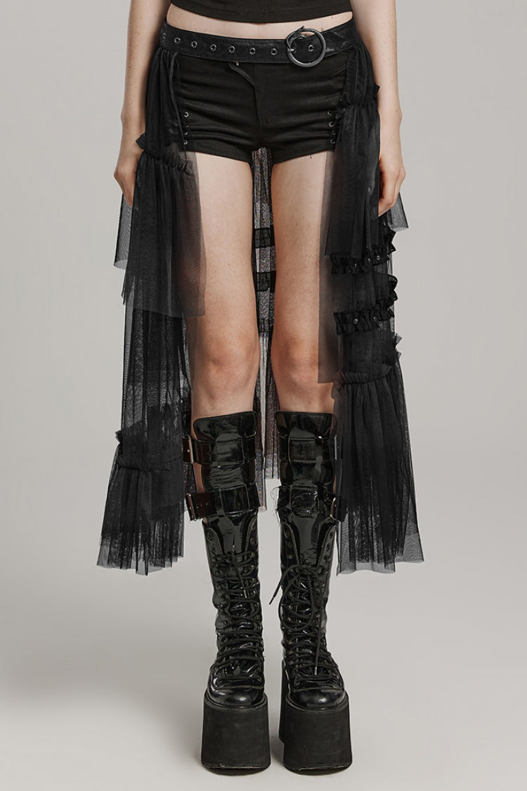 Ruffle Mesh Buckle Women's Steampunk Long Overskirt 3 Colors - Black - 1