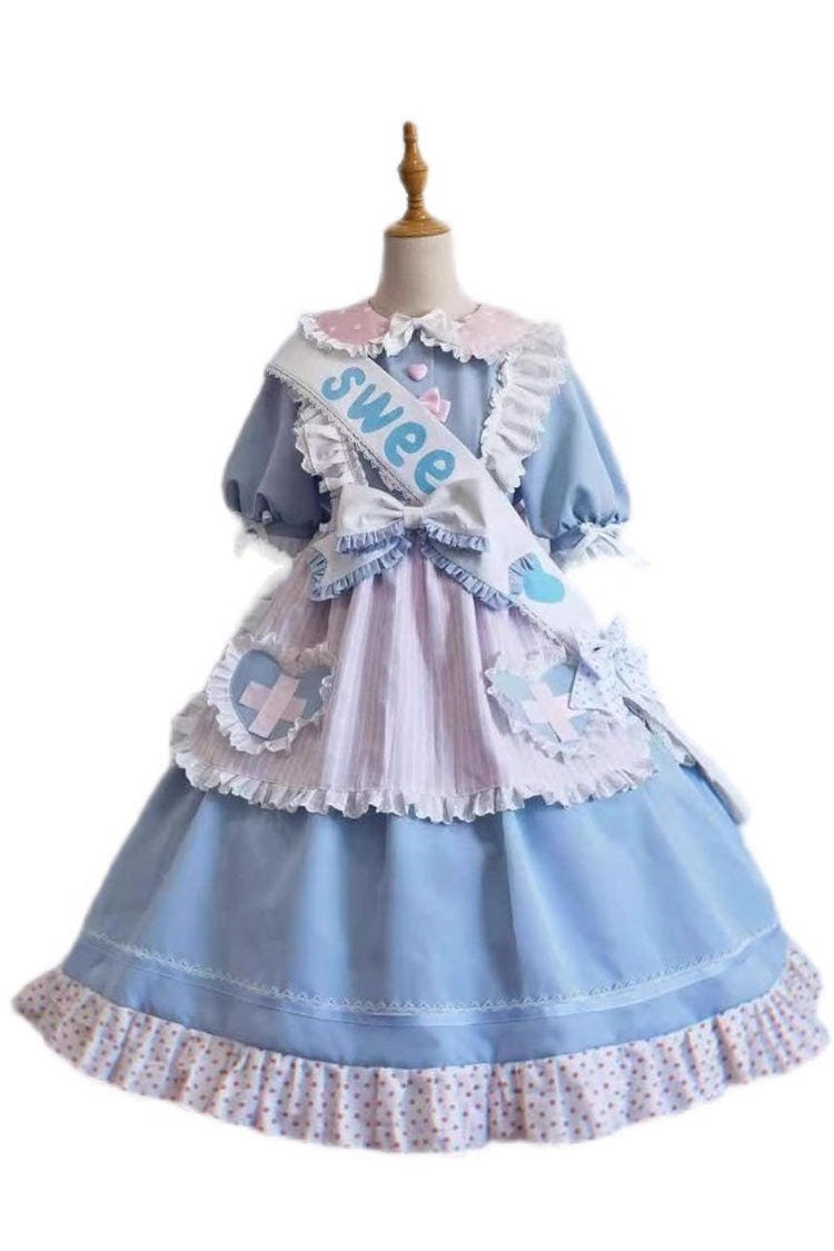 Blue Short Sleeves Love Redemption Print Ruffle Bowknot Lolita Dress - Blue - 1