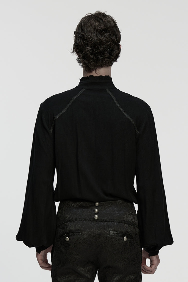 Black Stand Collar Long Lantern Sleeves Floral Jacquard Men's Gothic Blouse - Product - 3