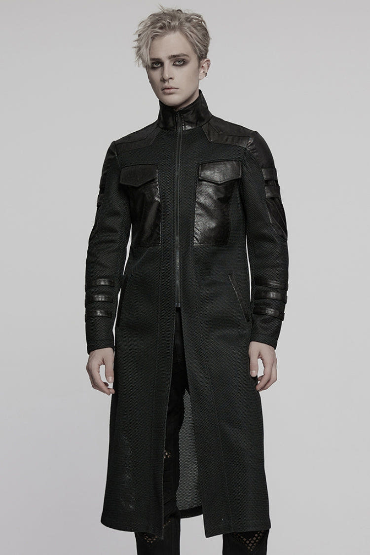 Black Stand Collar Long Sleeves Faux Leather Stitching Mesh Men's Punk Coat - Black - 1