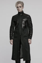 Black Stand Collar Long Sleeves Faux Leather Stitching Mesh Men's Punk Coat - Black - 1