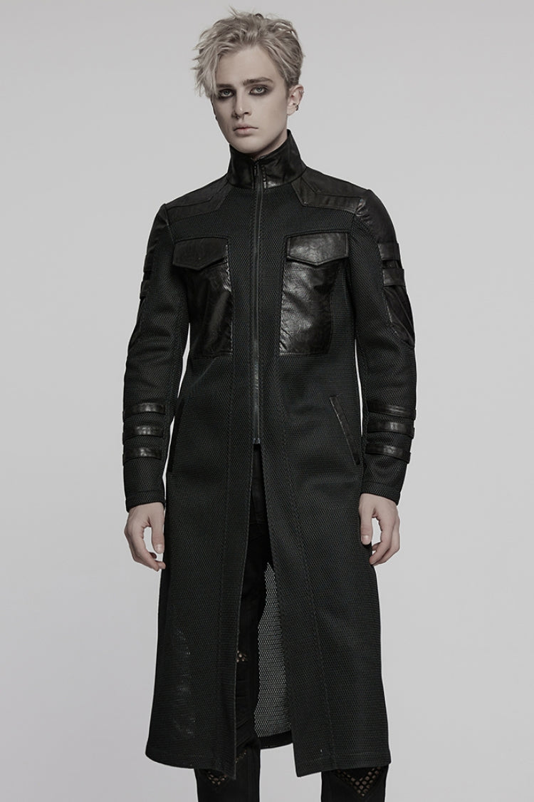 Black Stand Collar Long Sleeves Faux Leather Stitching Mesh Men's Punk Coat - Black - 1