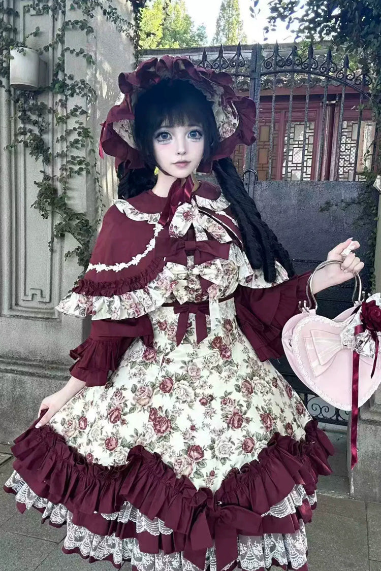 Burgundy Rose Flower Wall Printed Off Shoulder Sleeveless Ruffled Bow Lace Gothic Lolita Jsk Dress - Burgundy - 1