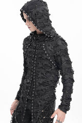 Black Studs Long Sleeves Lace-Up Ripped Men's Gothic Hooded Coat - Product - 8