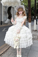 White [Eternal Floral Message] Square Collar Sleeveless Multi-Layered Hanayome Embroidered Bow Lace Sweet Lolita Jsk Dress - White - 1