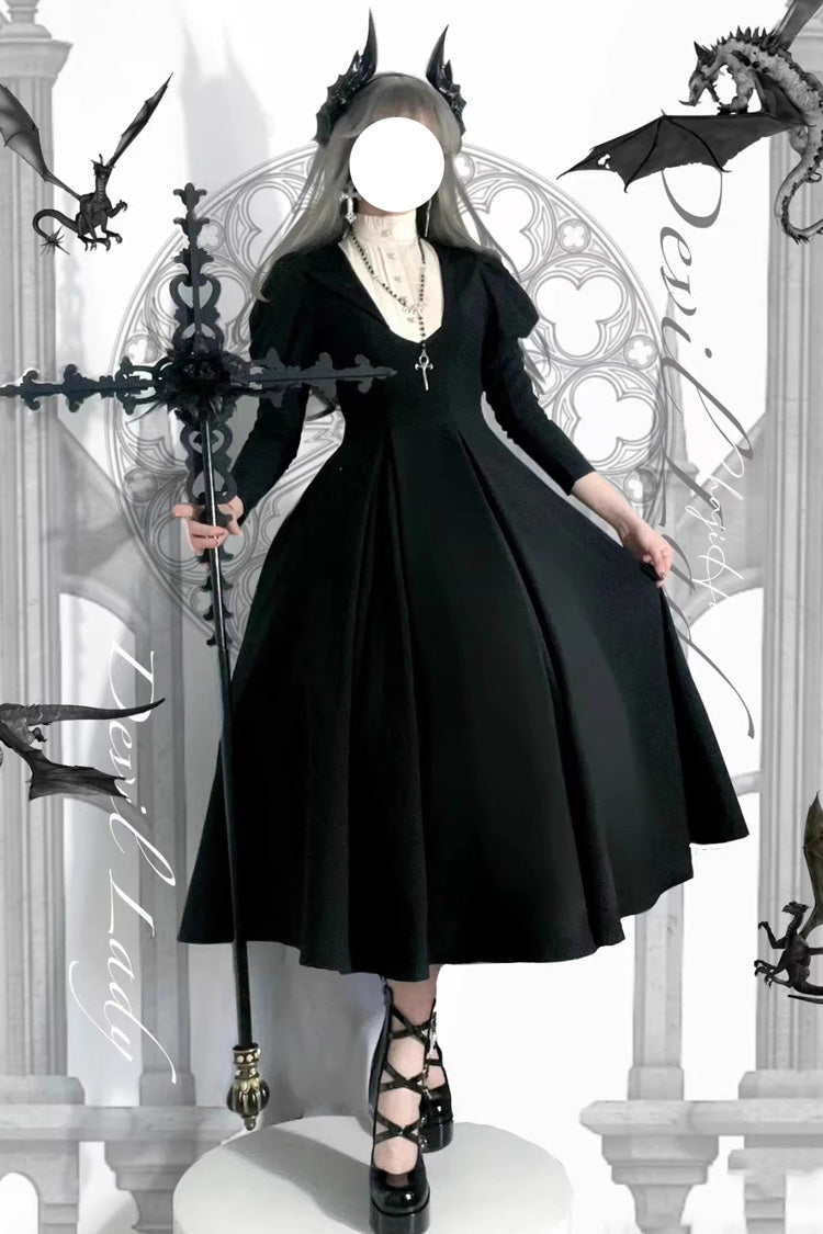 Black Nun Long Puff Sleeves High Waisted Gothic Plus Size Lolita Dress - Product - 3