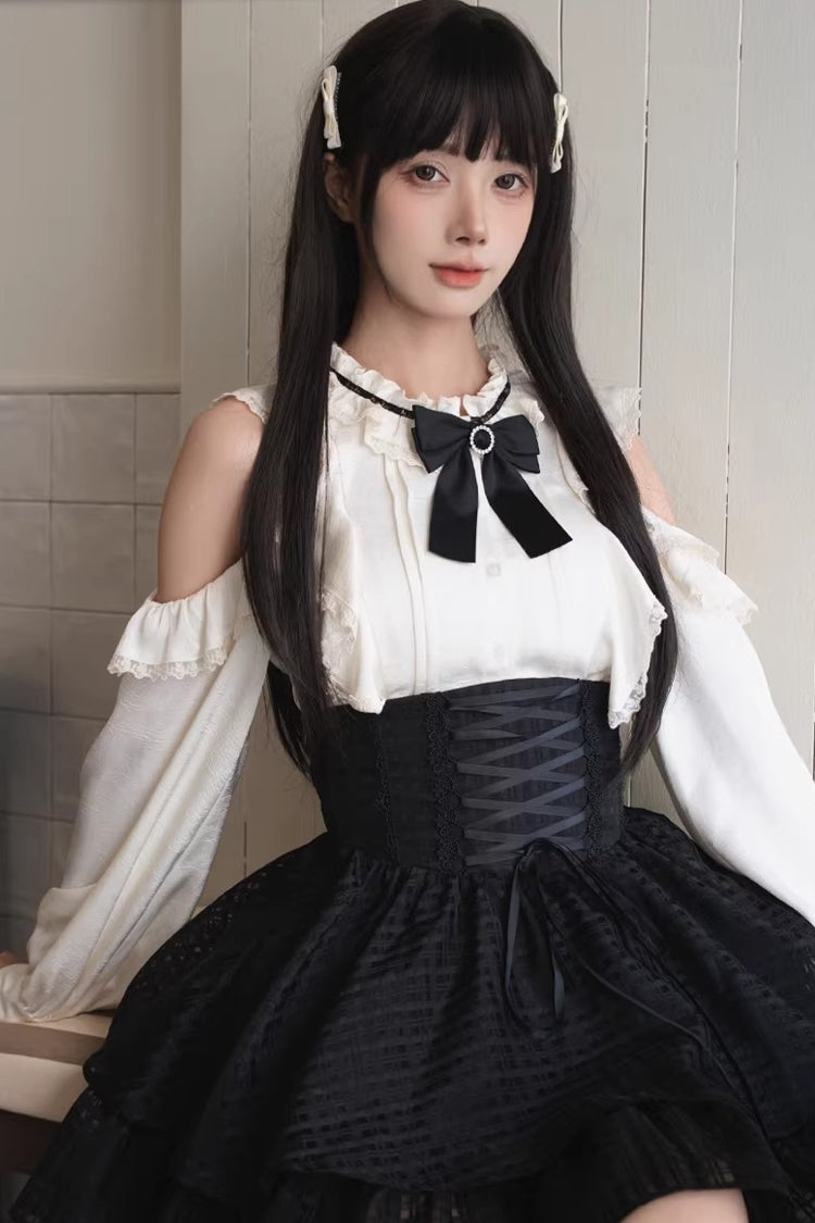 Black/White Round Collar Double-Layered Cut-Out Bow Lace-Up Classic Jirai Kei Japanese Elegant Skirt Set - Product - 7