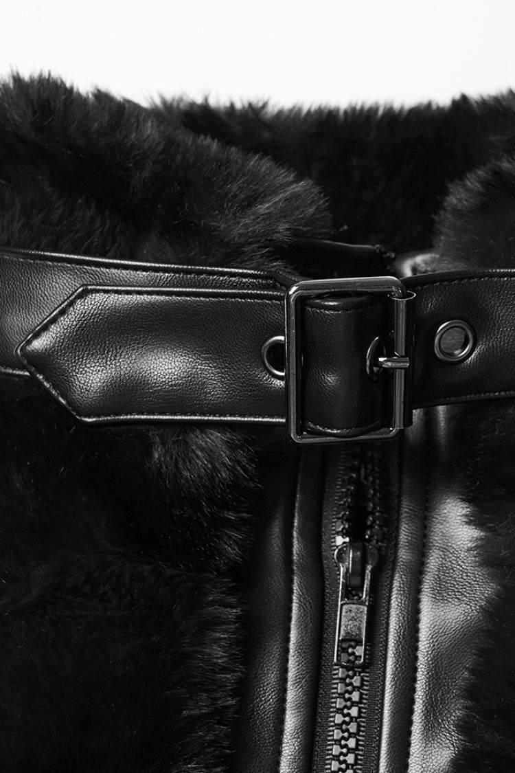 Black Stand Collar Long Sleeves Buckle Straps Faux Fur Women's Punk Short Cloak - Product - 5