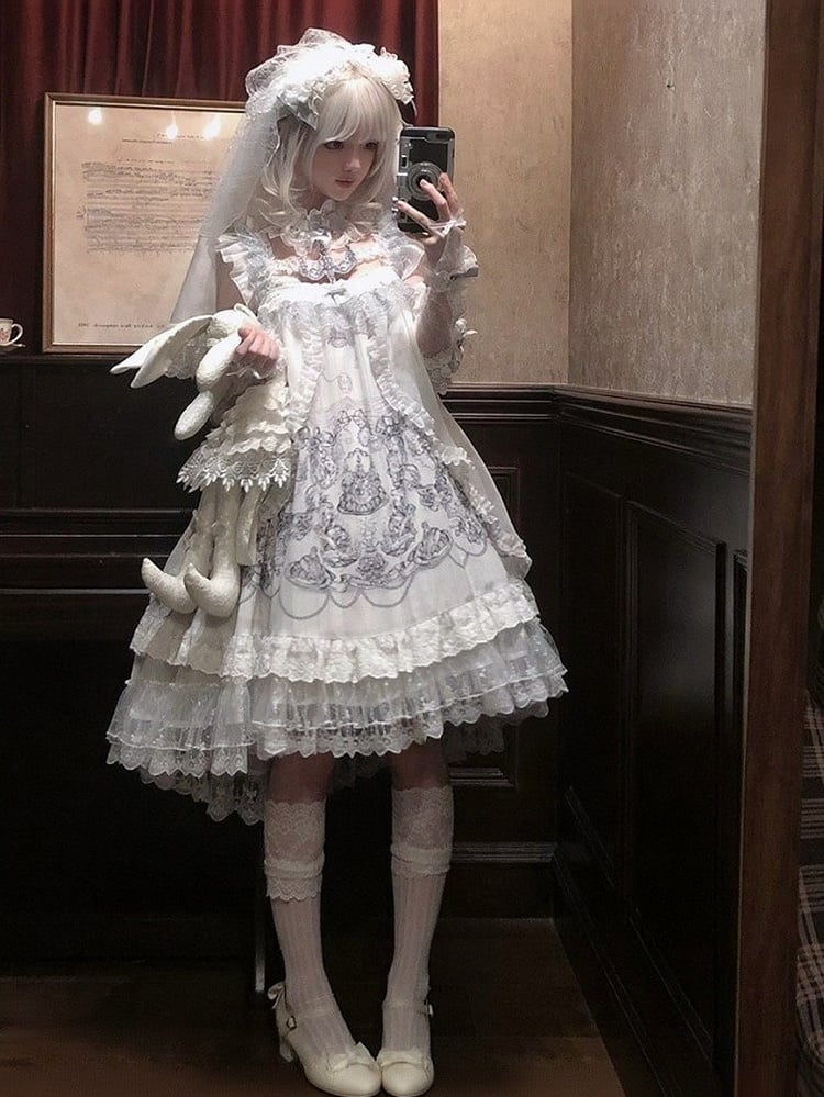 Gothic White Candle Print Waistless Lolita JSK Dress with Lace Details + Choker + Candle Embroidered Brooch Set - view 10