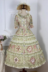 Green [Cat Rose Tea] Short Sleeves Print Ruffle Cardigan Bowknot Sweet Gorgeous Lolita Dress - Product - 4