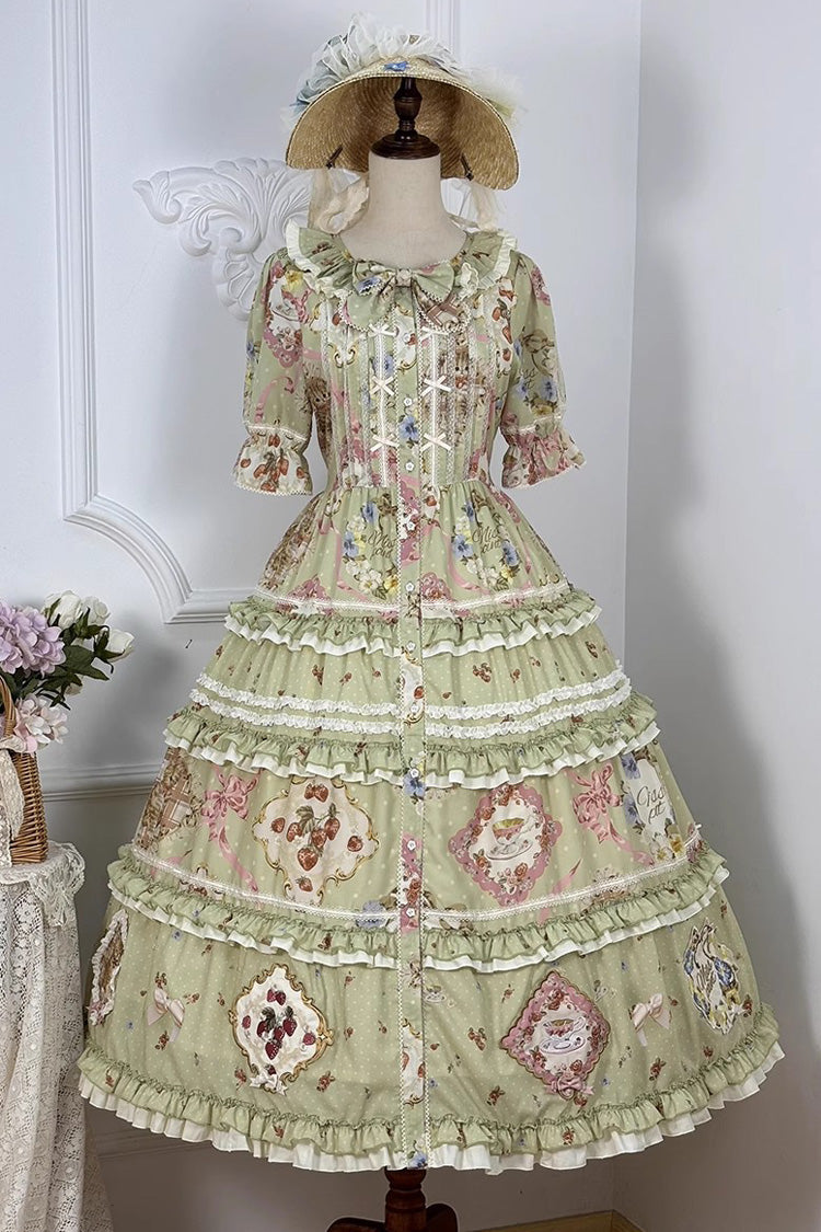 Green [Cat Rose Tea] Short Sleeves Print Ruffle Cardigan Bowknot Sweet Gorgeous Lolita Dress - Product - 4
