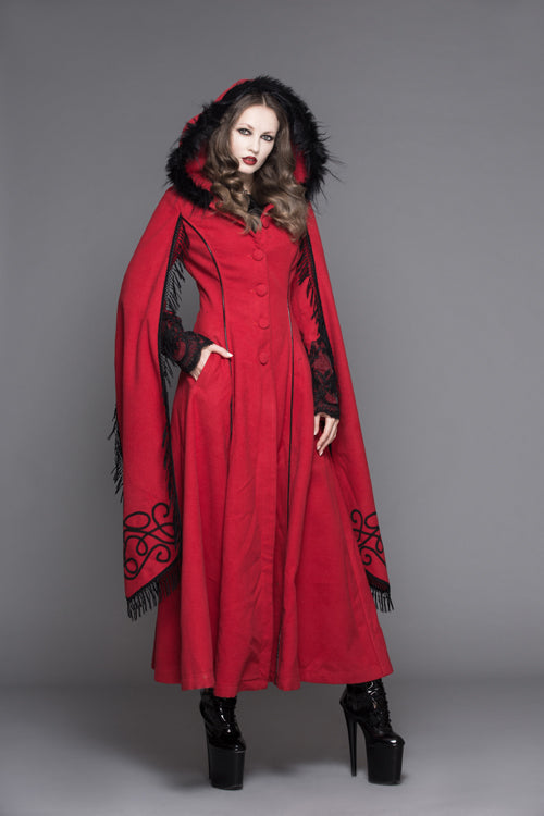 Red Winter Hand Embroidered Shawl Double Sided Long Womens Gothic Coat - Product - 2