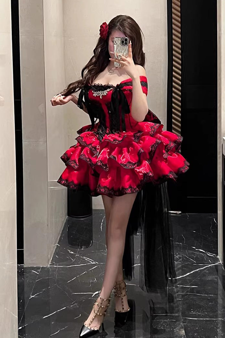 Red [Love Poems of the Heart] Sleeveless Triple-Layered Ruffled Lace Lace-Up Sweet Lolita Jsk Dress - Product - 11