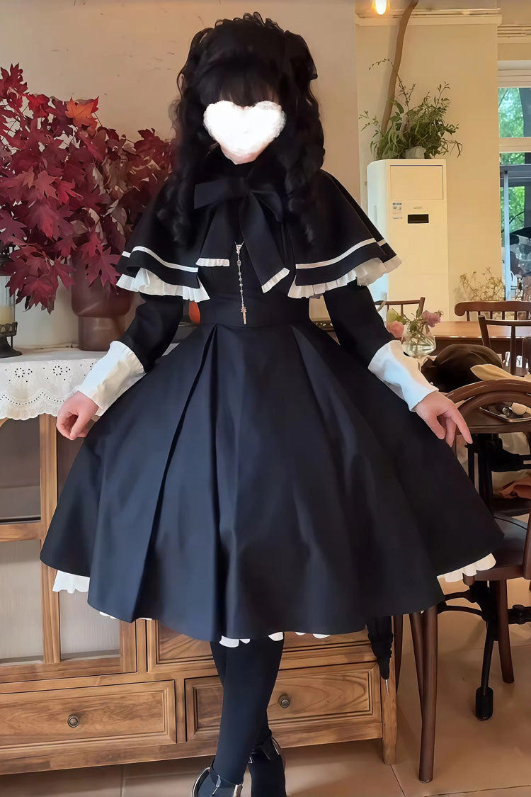 Black Long Sleeves Ruffled Bow Maid Gothic Lolita Dress Cloak Two-piece Set - Black - 1