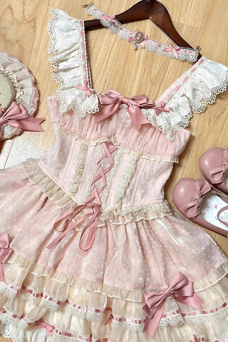 Pink Triple-Layered Bowknot Lace-Up Sweet Princess Ballet Lolita Jsk Dress - Product - 2