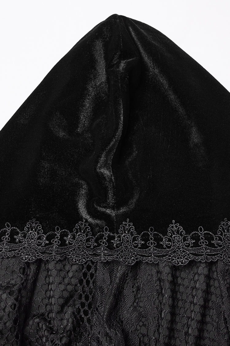 Black Floral Embroidery Diamante Velvet Hooded Women's Gothic Cloak - Product - 4