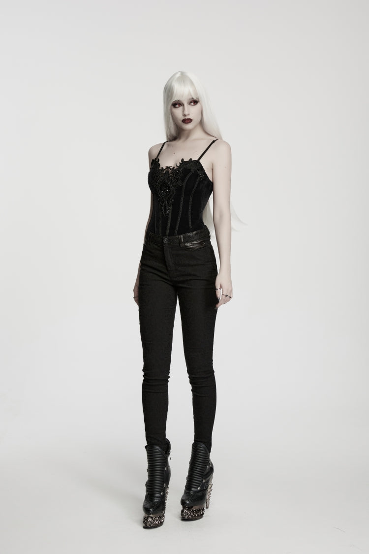 Black Jacquard Slim Fit Women's Gothic Cool Cosplay Pants - Product - 8
