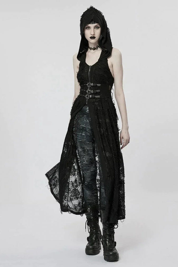 Black Two-piece Knit Ripped Hooded Womens Gothic Coat - Product - 2
