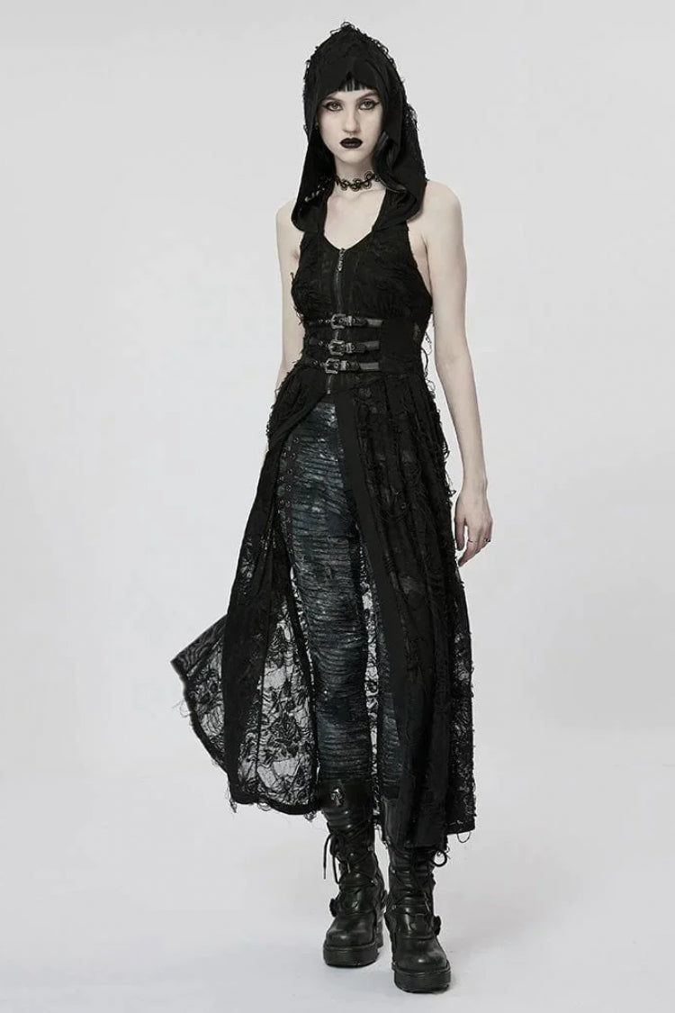 Black Two-piece Knit Ripped Hooded Womens Gothic Coat - Product - 2
