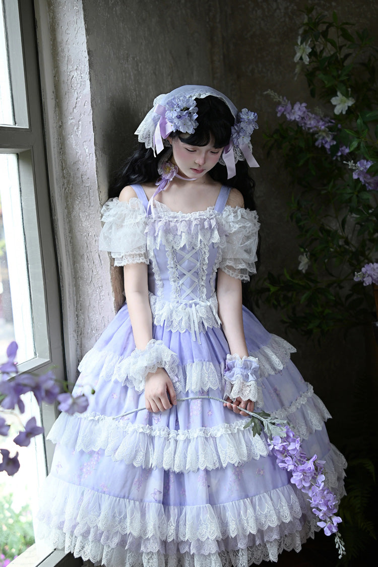 Purple [Lavender] Sleeveless Multi-Layered Print Ruffle Bowknot Lace-Up Sweet Elegant Lolita Jsk Dress Set - Product - 3