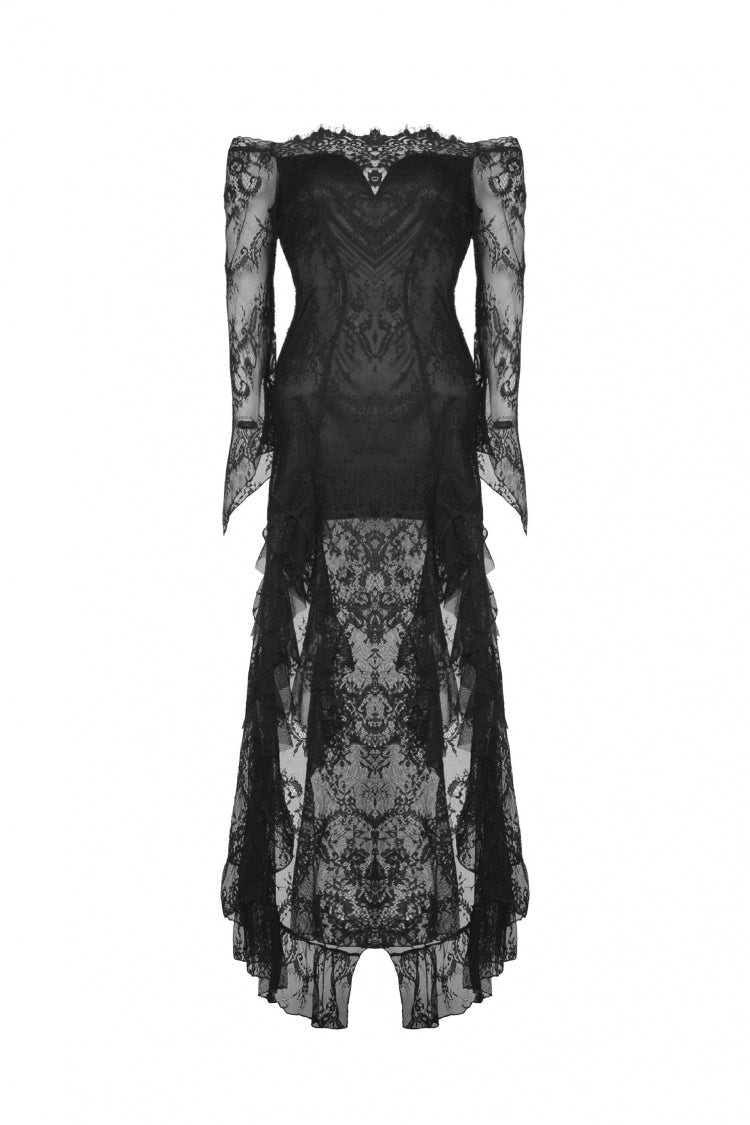 Black Off Shoulder Long Sleeves Lace Lace-Up Women's Gothic Mermaid Wedding Dress - Product - 3