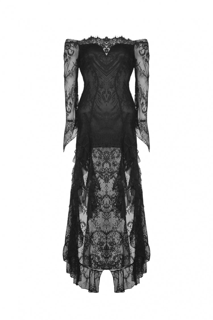 Black Off Shoulder Long Sleeves Lace Lace-Up Women's Gothic Mermaid Wedding Dress - Product - 3
