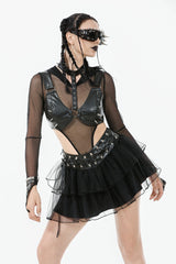 Black Multi-Layered Lace Mesh Women's Punk Short Skirt with D-Ring Ties Waist - Black - 1