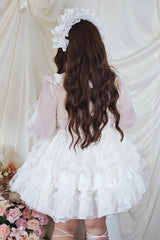 White Sleeveless Multi-Layered Ruffled Bow Lace Pearl-Decorated Sweet Plus Size Lolita Dress - Product - 10