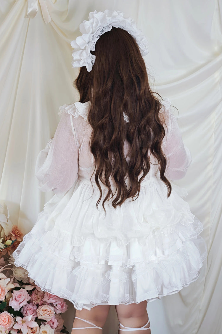White Sleeveless Multi-Layered Ruffled Bow Lace Pearl-Decorated Sweet Plus Size Lolita Dress - Product - 10