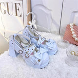 Gothic Cross Straps Bowknot Lolita High Heels 4 Colors - Blue - 3
