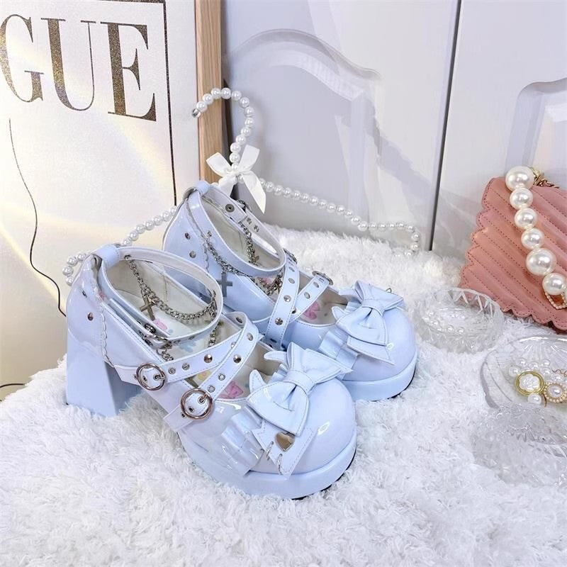 Gothic Cross Straps Bowknot Lolita High Heels 4 Colors - Blue - 3