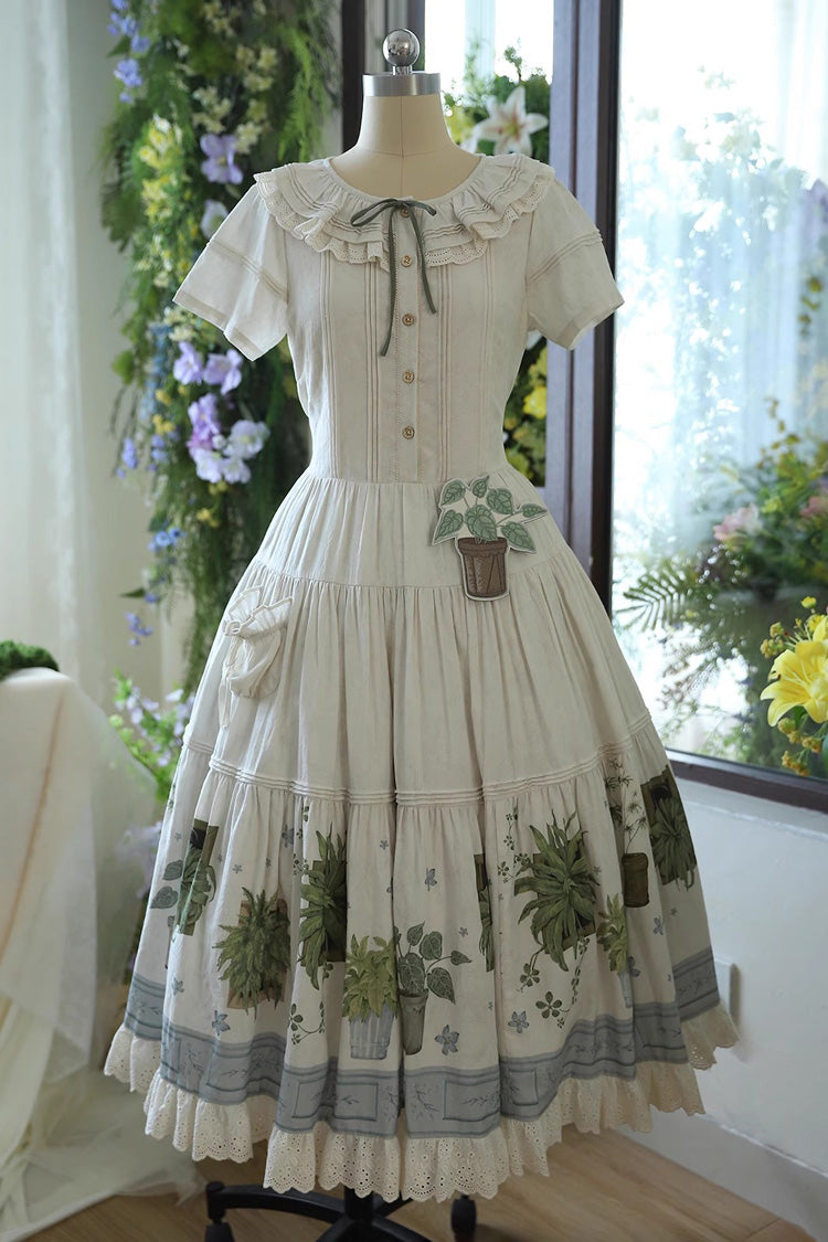 Ivory [Potted Plant] Short Sleeves Print Ruffle Sweet Lolita Dress - Ivory - 1