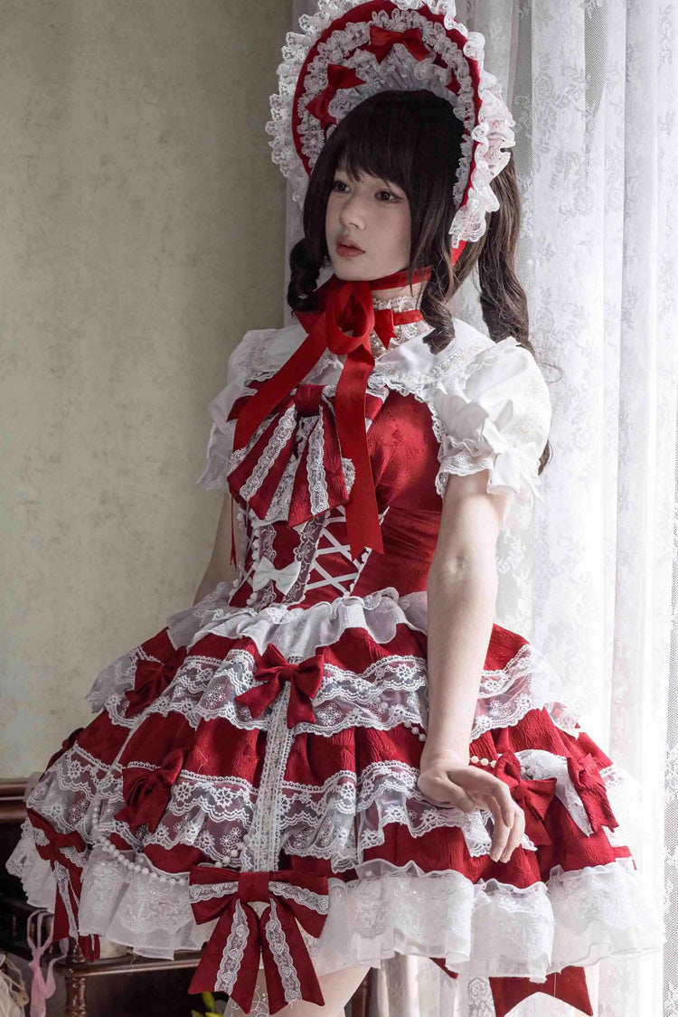 Red [Small Cakes] Sleeveless Multi-Layered Ruffle Bowknot Lace Sweet Lolita Jsk Dress - Product - 3