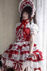 Red [Small Cakes] Sleeveless Multi-Layered Ruffle Bowknot Lace Sweet Lolita Jsk Dress - Product - 3