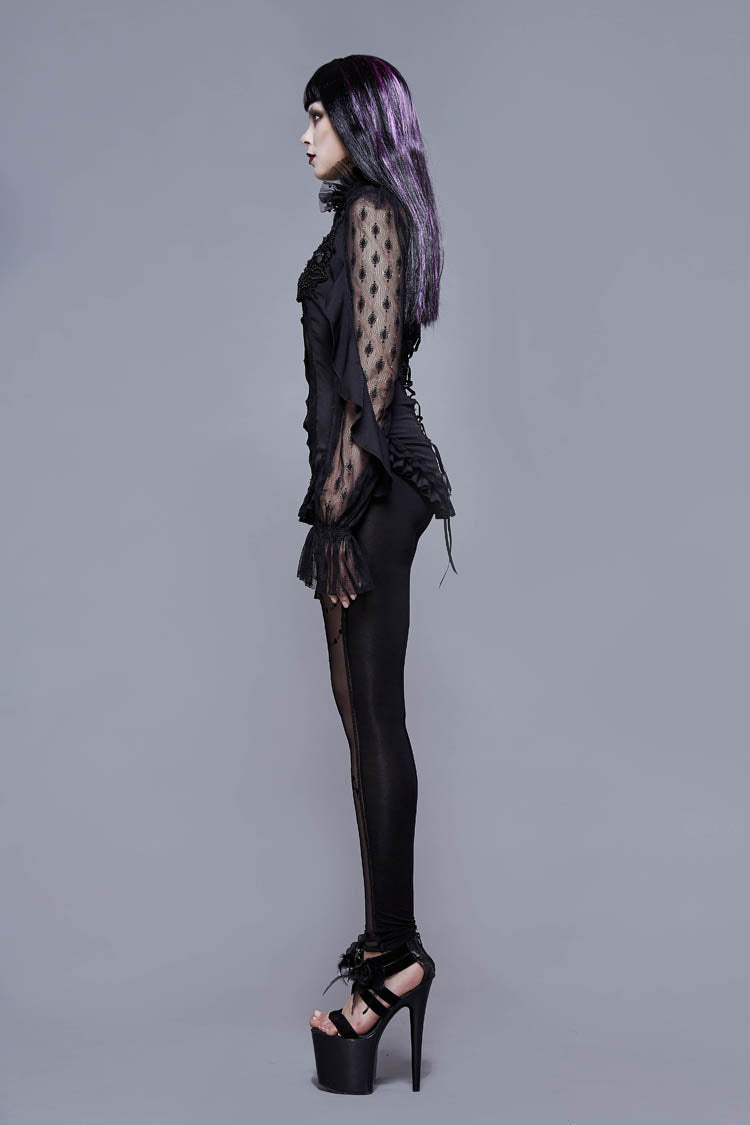 Black Chiffon High Collar Front Chest Beaded Flowers Lace Cuff Back Waist Lace Up Women's Gothic Blouse - Product - 4