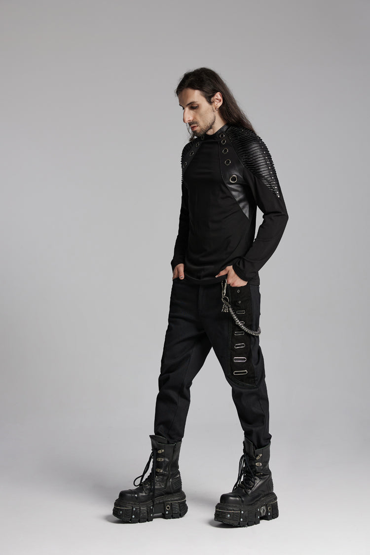 Black Round Collar Long Sleeves Mesh Pleated Loop Men's Punk Blouse - Product - 7