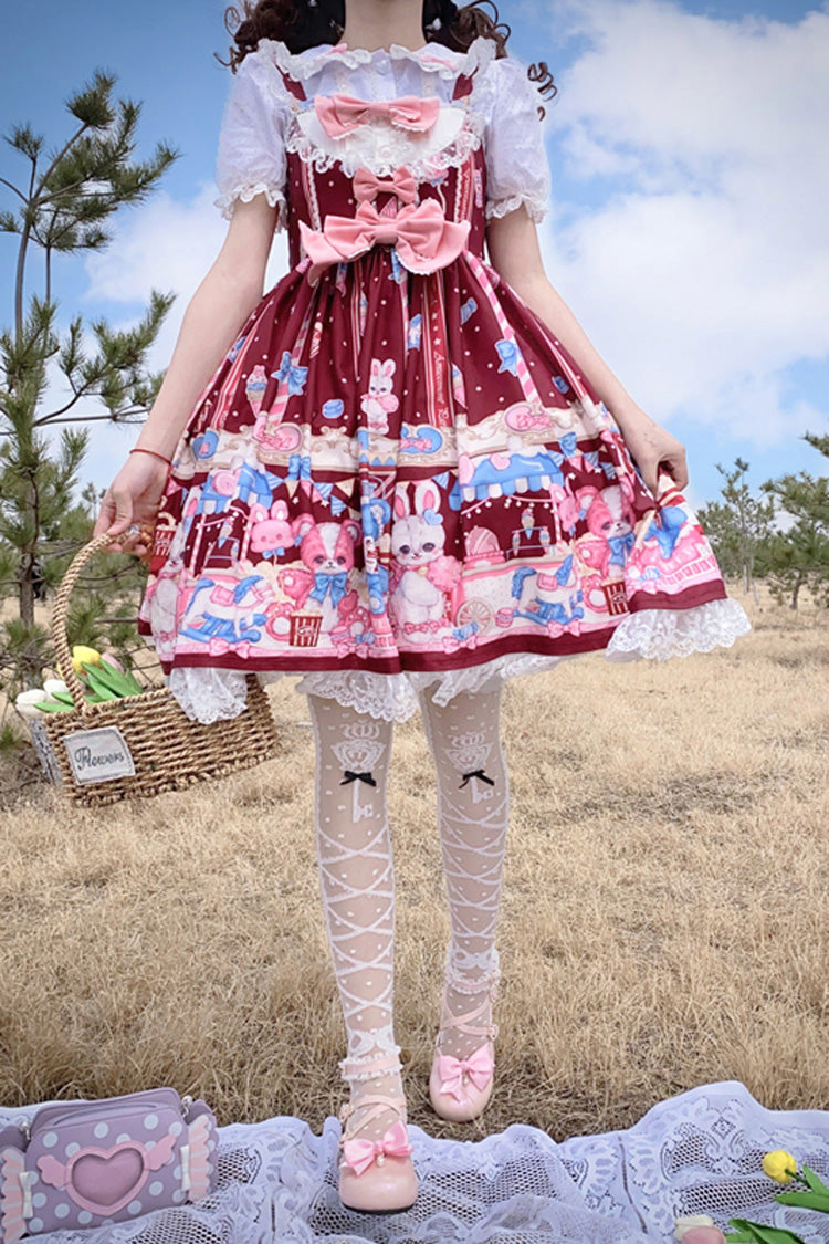 Wine Red Doll Playground Print Ruffle Bowknot Sweet Lolita Jsk Dress - Product - 8